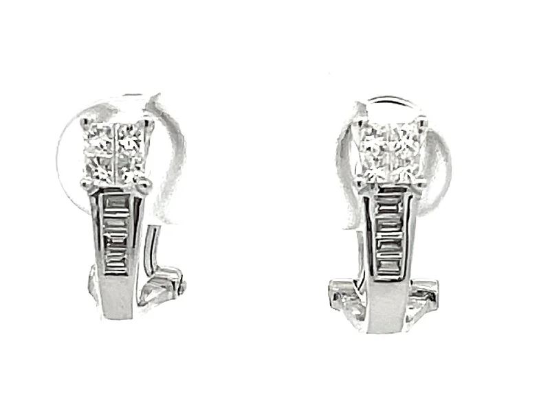 Drop Earrings for Anniversary -Princess Cut and Baguette Diamond Huggie Earrings in 18K White Gold 