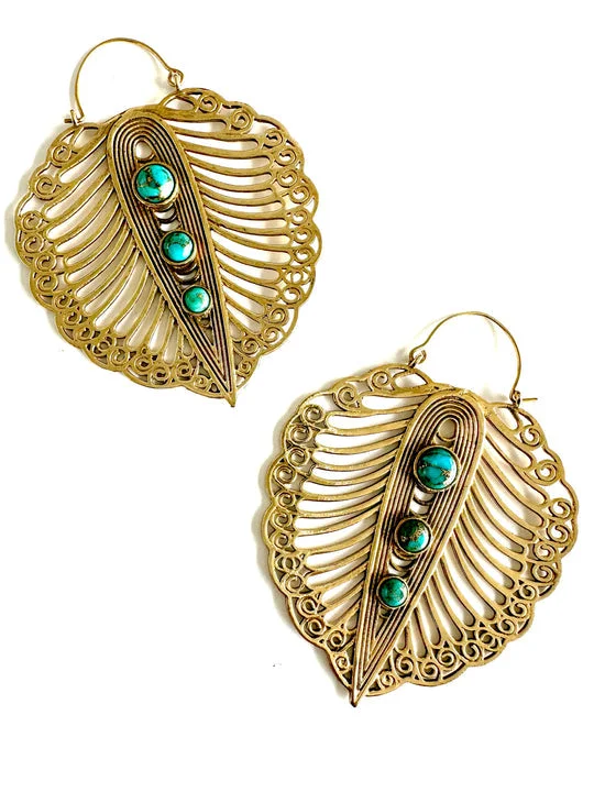 Drop Earrings with Debossed Designs -Peacock Raz Turquoise Earrings