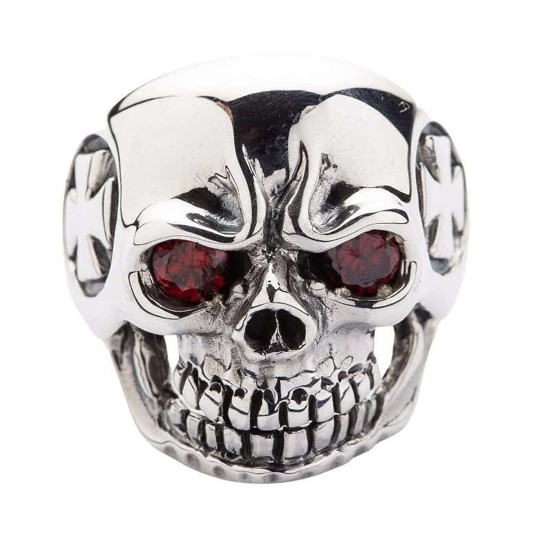 Red Eyes Cross Skull Sterling Silver Ring