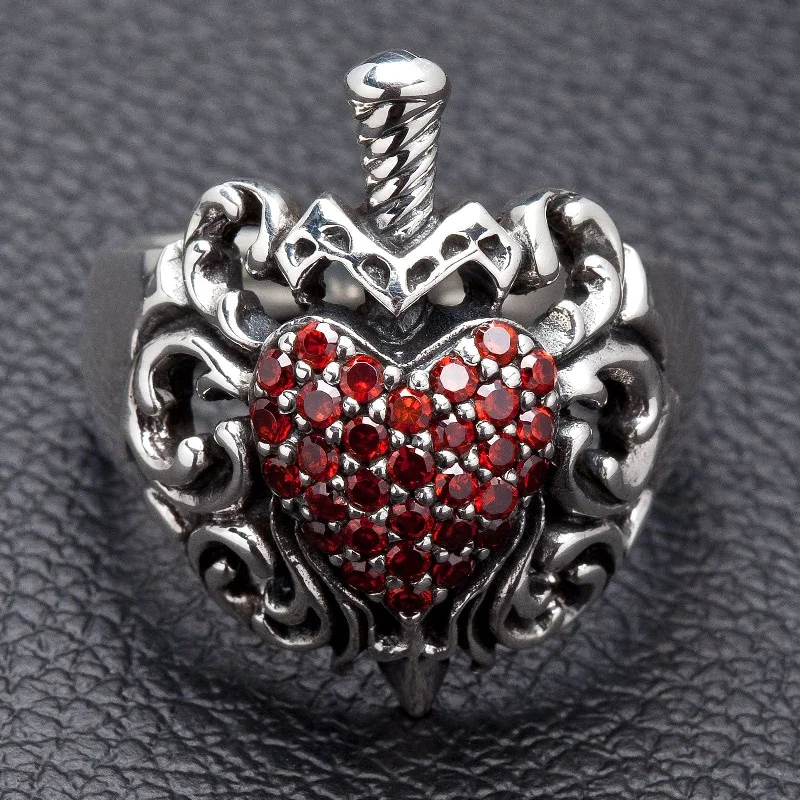 Red Garnet Heart Dagger Sterling Silver Gothic Ring