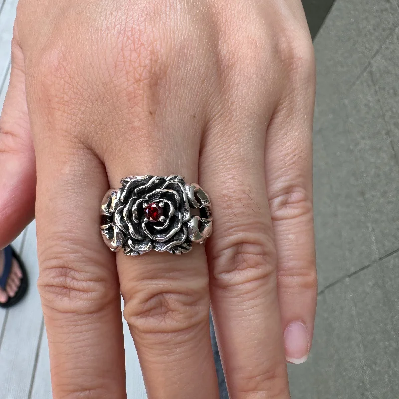 Red Garnet Rose Sterling Silver Ring