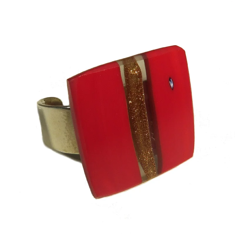 Red Murano glass square Ring "Fascia" set in 925 Sterling Silver