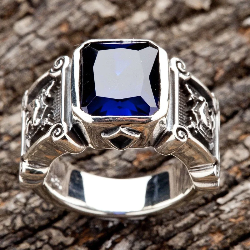 Roman Knight Shield Blue Sapphire Sterling Silver Biker Ring