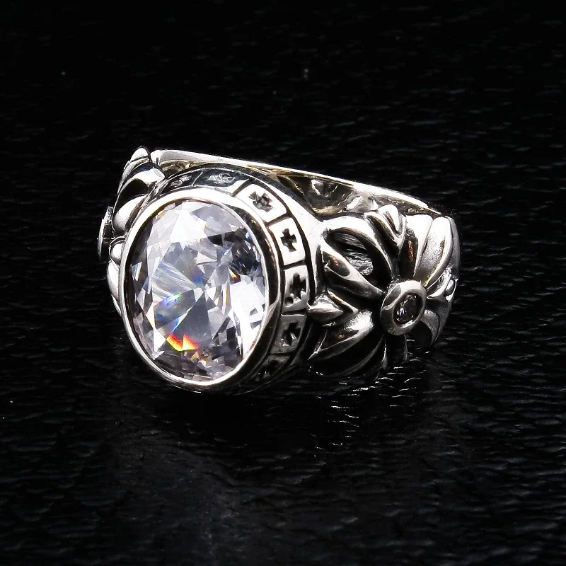 Round Diamond White Topaz Cross Sterling Silver Biker Ring