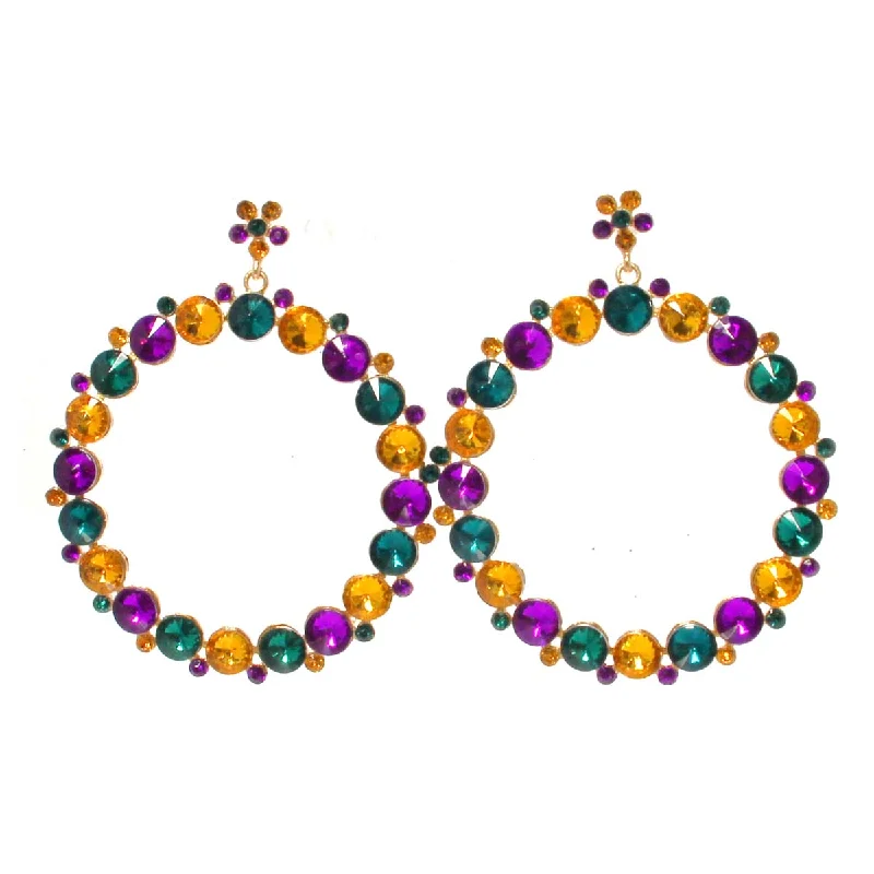 Drop Earrings with Symbolic Elements -Round Purple/Green/Gold Crystal Earrings, 3", Mardi Gras