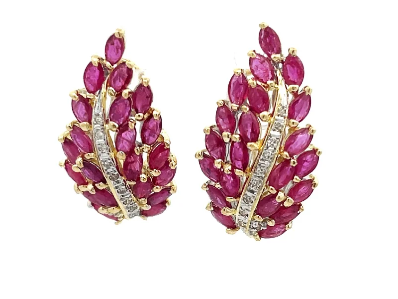 Heart Shaped Drop Earrings for Love -Ruby Leaf and Diamond Earrings in 14k Yellow Gold