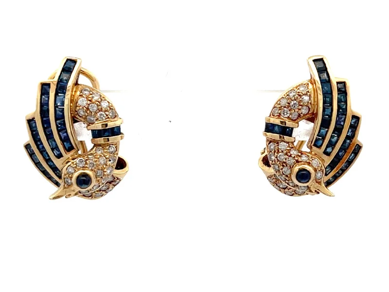 Contemporary Drop Earrings for Fashion -Sapphire and Diamond Swan Earrings in 14k Yellow Gold