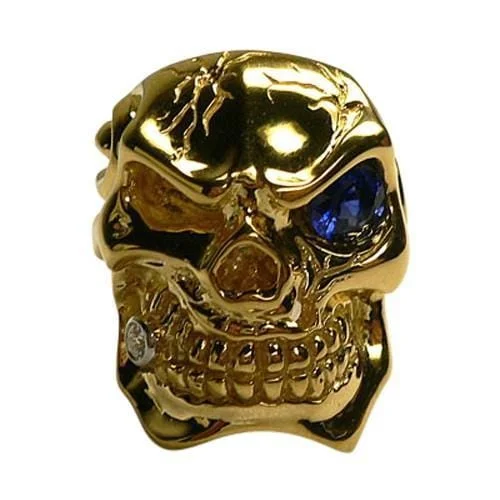 Blue Sapphire 14K Yellow Gold Mens Skull Ring