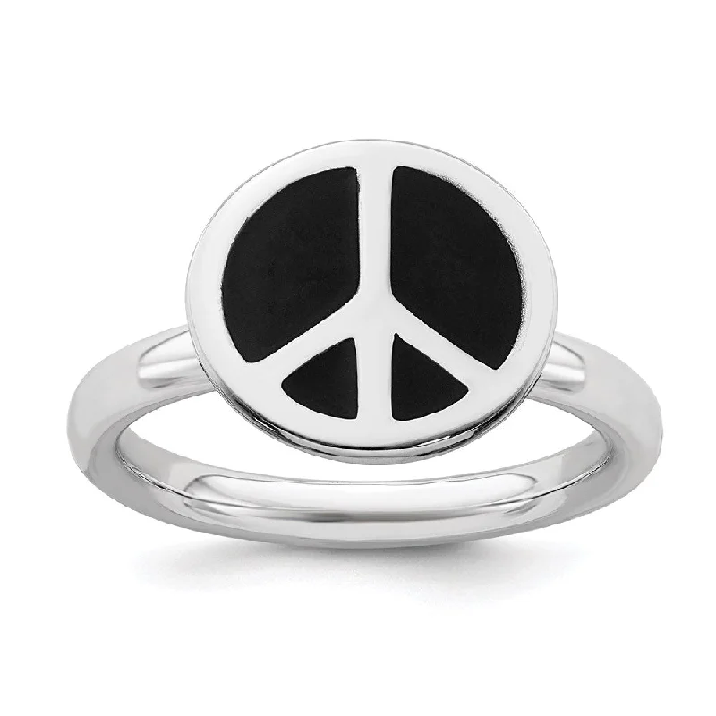 SS Stackable Expressions Polished Black Enameled Peace Sign Ring | QSK126