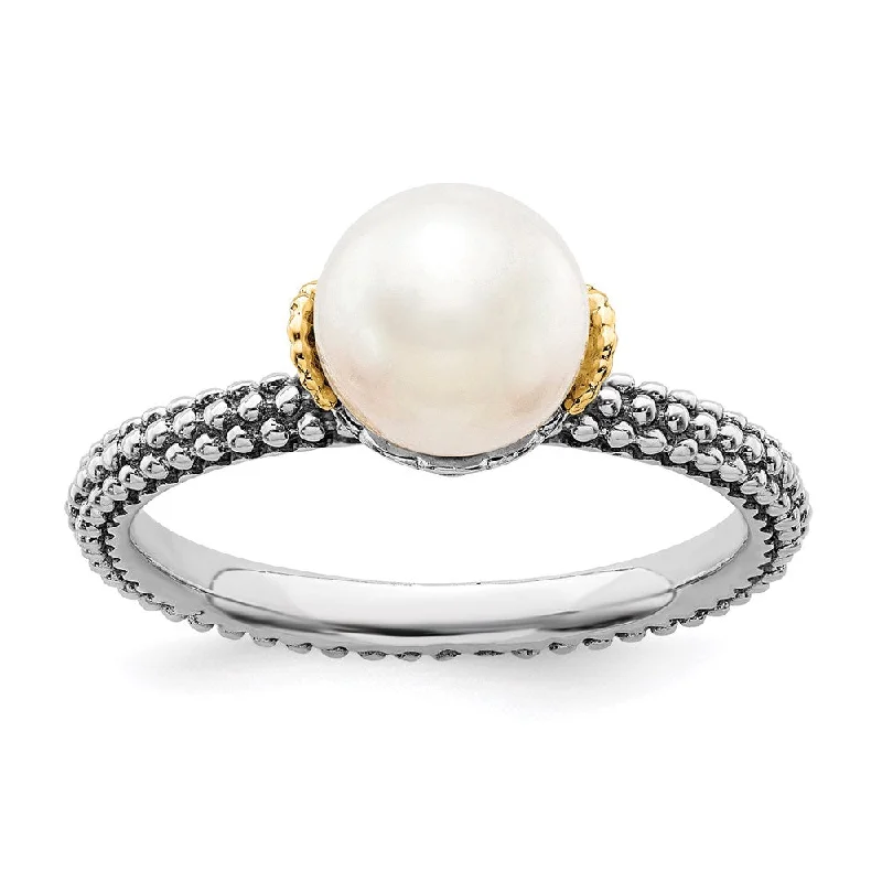 Sterling Silver & 14k Stack Exp. 7.0-7.5mm White FW Cultured Pearl Ring | QSK856