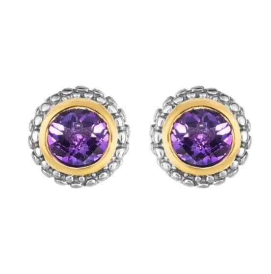 Long Drop Earrings for Dramatic -Sterling Silver 18K White and Yellow Round Amethyst Post Earrings