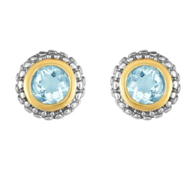 Large Drop Earrings for Statement -Sterling Silver 18K White and Yellow Round Aquamarine Post Earrings