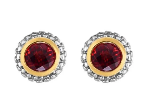 Short Drop Earrings for Subtle -Sterling Silver 18K White and Yellow Round Garnet Post Earrings