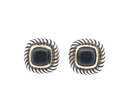 Drop Earrings with Etched Designs -Sterling Silver 18Y Cushion Cab Onyx David Yurman Earrings