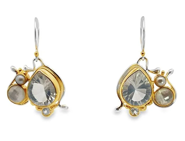 Gothic Drop Earrings with Dark Tone -Sterling Silver 22KY Vermeil Pearl, White Quartz and White Topaz Earrings