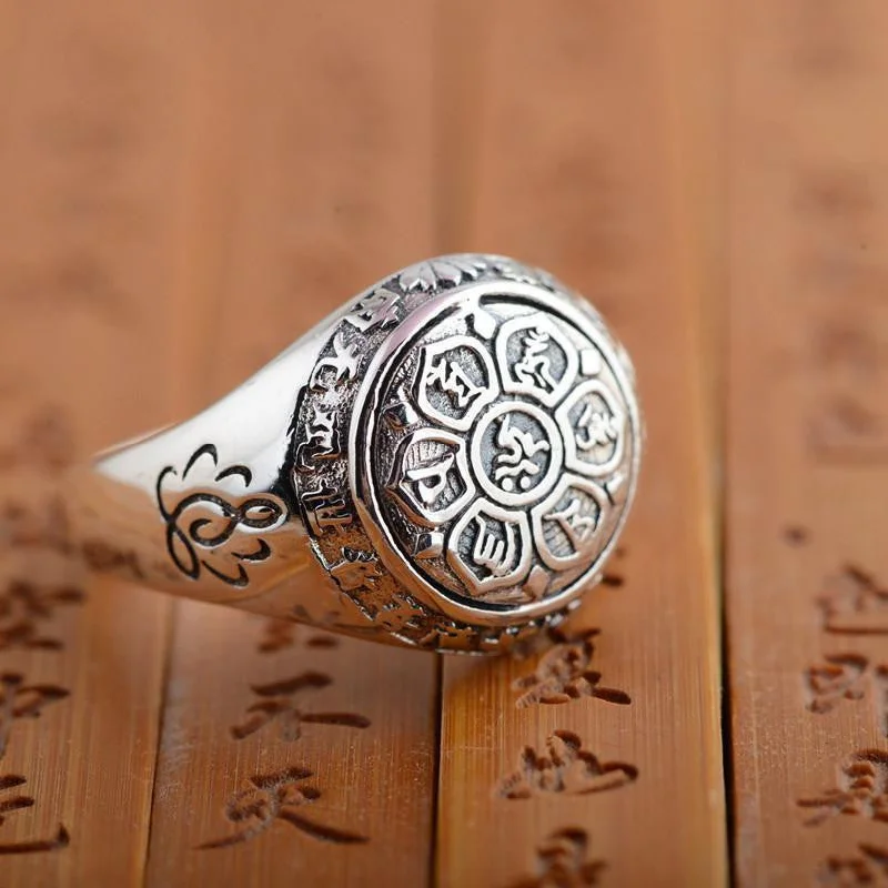 Sterling Silver 6 Syllable Mantra Lotus Signet Ring