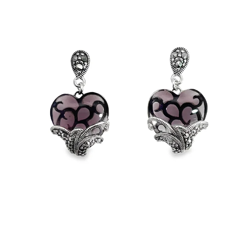 Drop Earrings with Filigree Work -Sterling Silver Amethyst and Dangle Heart Earrings