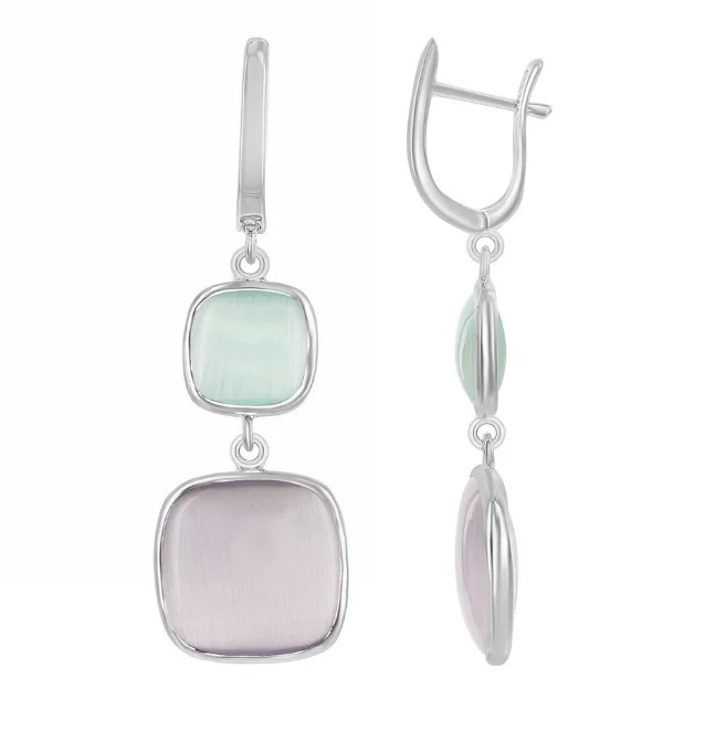 Drop Earrings for Party Look -Sterling Silver Light Green & Grey Square Cushion Cat's Eye Drop Earrings