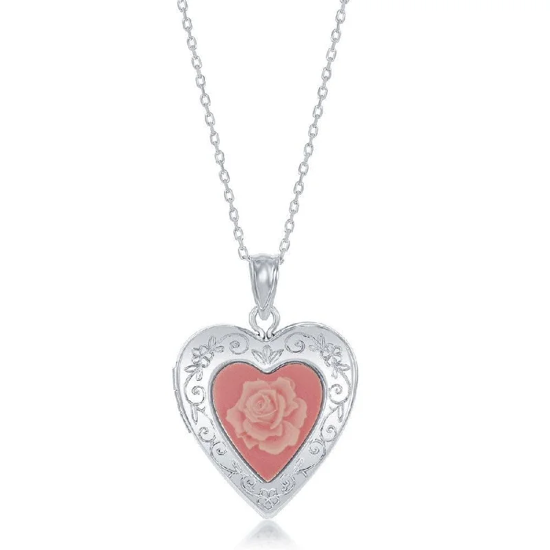 Sterling Silver Pink Stone Flower Heart Locket