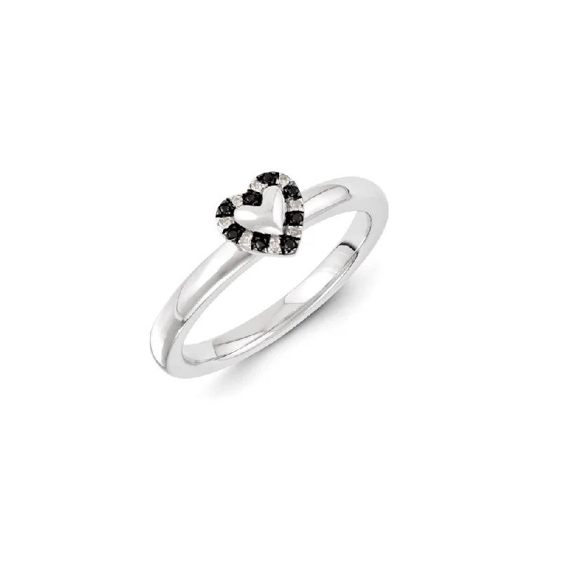 Sterling Silver Rhodium Plated Black & Whitee Diamond Stackable Heart Ring | QSK1075