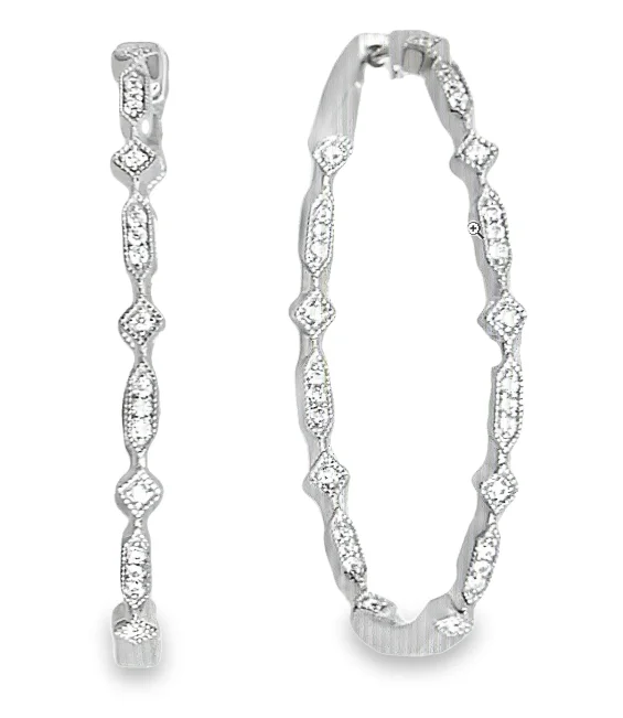 Drop Earrings for Bridesmaids Look -Sterling Silver Rhodium Plated In/Out CZ Diamond and Elongated Hexagon Hoop Earrings