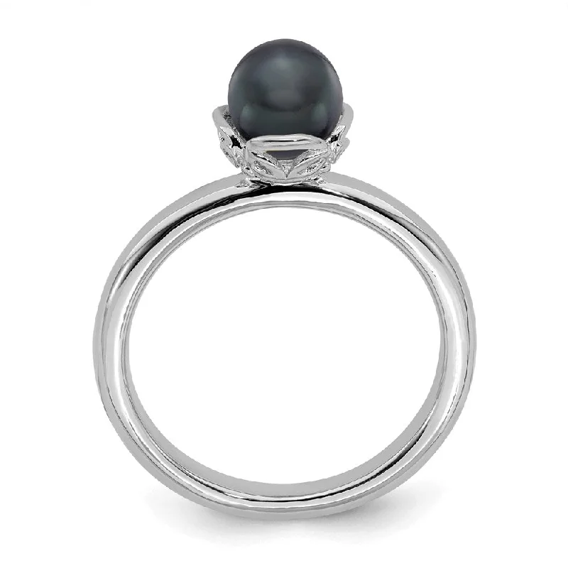 Sterling Silver Stack Exp. Polished Black FW Cultured Pearl Ring | QSK612