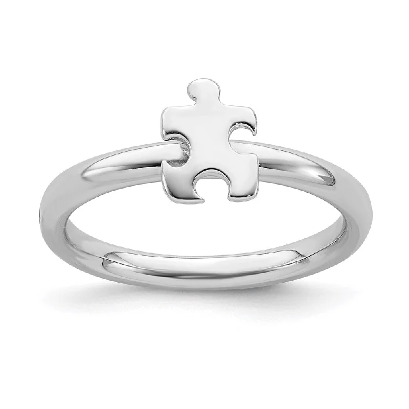 Sterling Silver Stackable Exp. Rhodium-plated Awareness Puzzle Piece Ring | QSK873