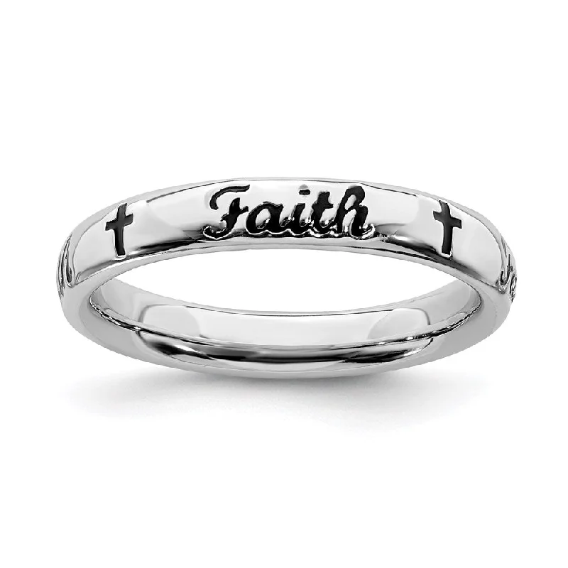 Sterling Silver Stackable Expressions Black Enamel Faith Ring | QSK1539