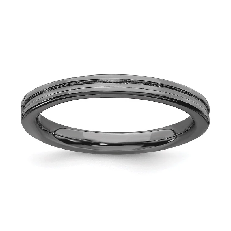 Sterling Silver Stackable Expressions Black-plated Grooved Ring | QSK229