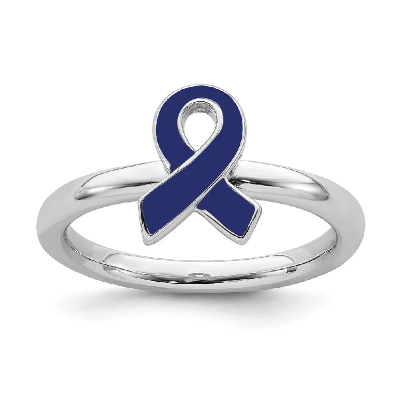 Sterling Silver Stackable Expressions Blue Enameled Awareness Ribbon Ring | QSK939