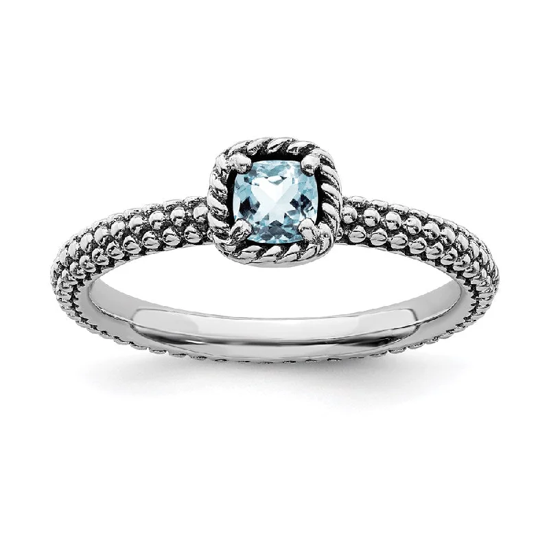 Sterling Silver Stackable Expressions Checker-cut Aquamarine Antiqued Ring | QSK744