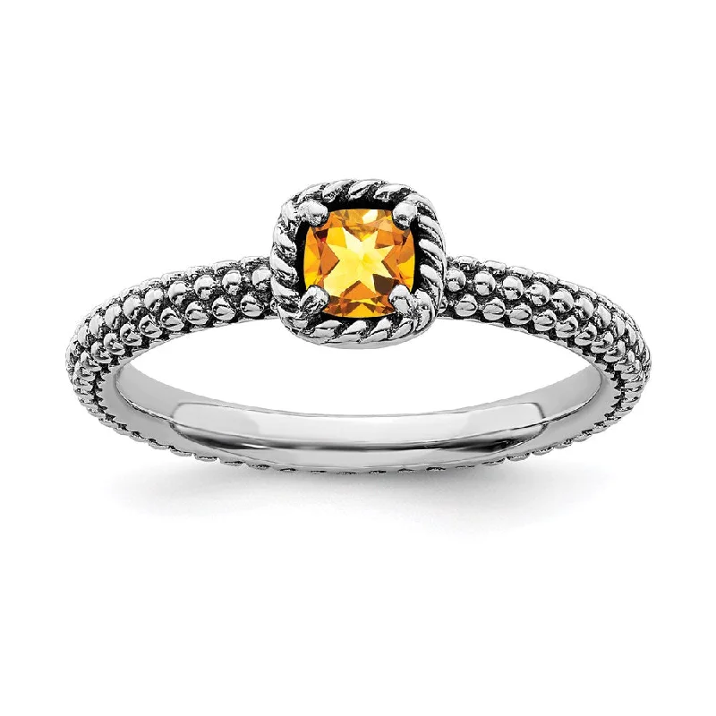 Sterling Silver Stackable Expressions Checker-cut Citrine Antiqued Ring | QSK824