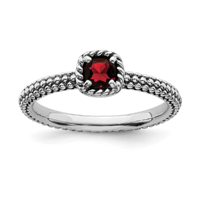 Sterling Silver Stackable Expressions Checker-cut Garnet Antiqued Ring | QSK742