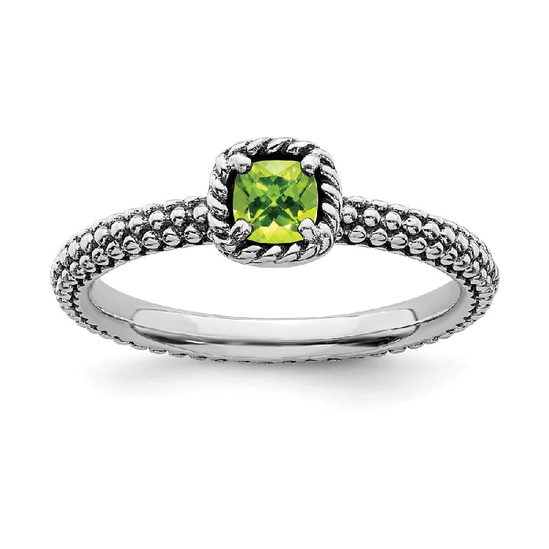 Sterling Silver Stackable Expressions Checker-cut Peridot Antiqued Ring | QSK822