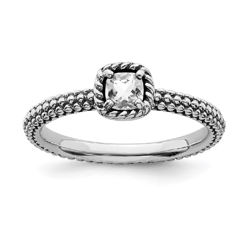 Sterling Silver Stackable Expressions Checker-cut White Topaz Antiqued Ring | QSK745