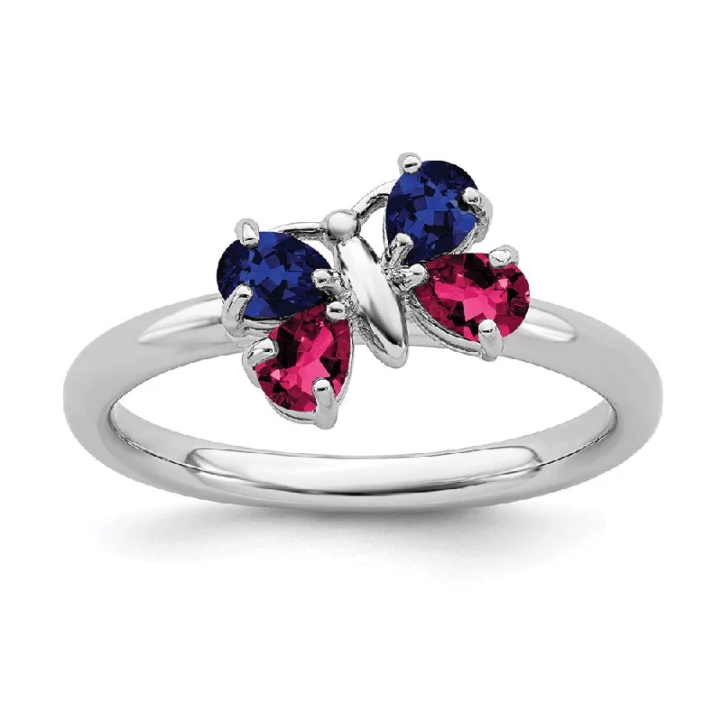 Sterling Silver Stackable Expressions Cr Ruby & Cr Sapphire Butterfly Ring | QSK727