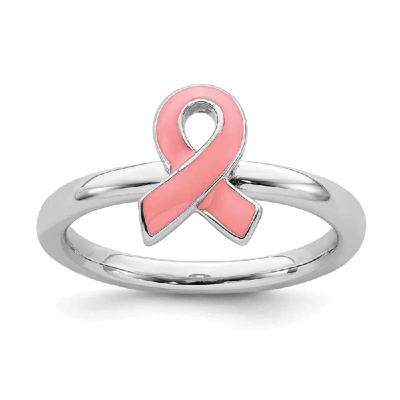 Sterling Silver Stackable Expressions Pink Enameled Awareness Ribbon Ring | QSK948