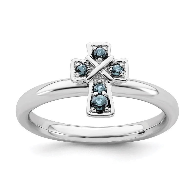 Sterling Silver Stackable Expressions Rhodium Aquamarine Cross Ring | QSK1632