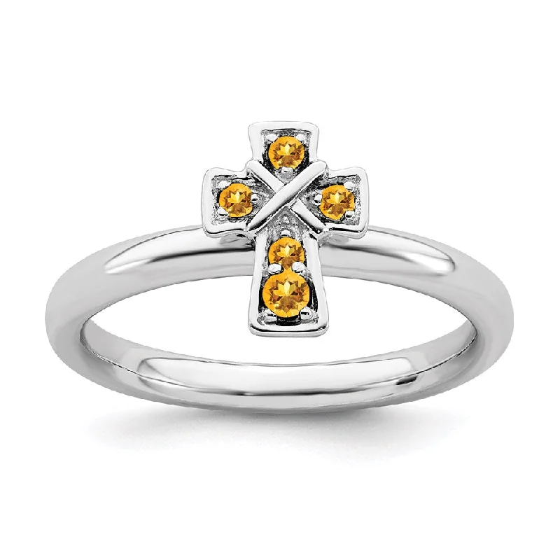 Sterling Silver Stackable Expressions Rhodium Citrine Cross Ring | QSK1640