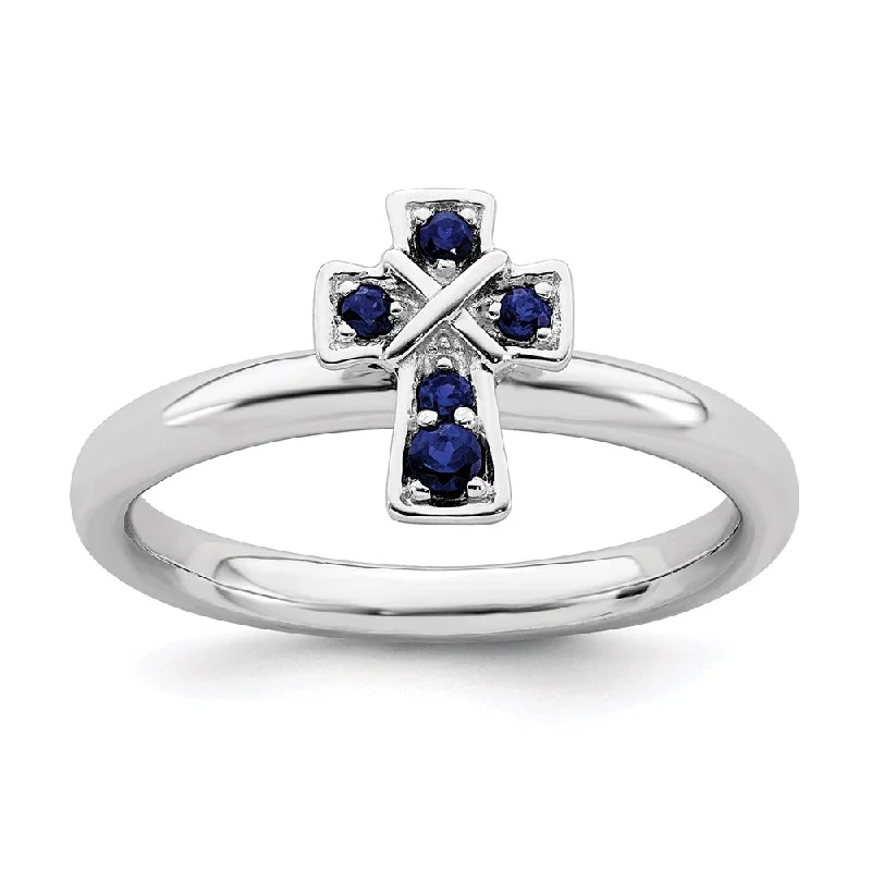 Sterling Silver Stackable Expressions Rhodium Created Sapphire Cross Ring | QSK1638