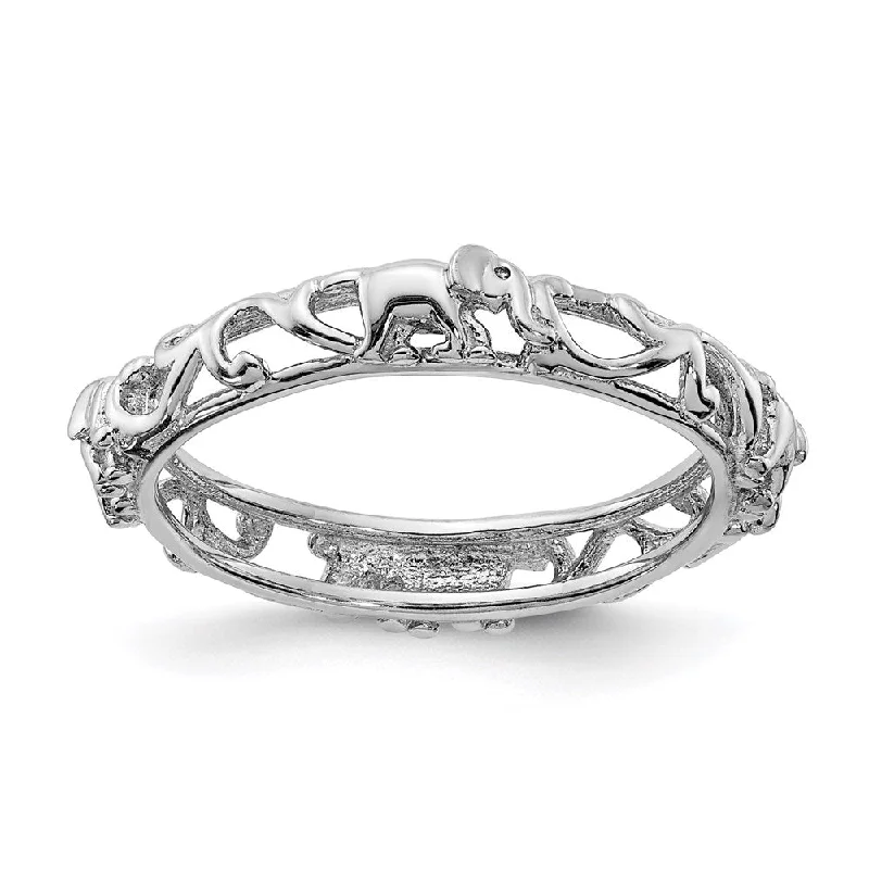 Sterling Silver Stackable Expressions Rhodium-plate Patterned Elephant Ring | QSK2043