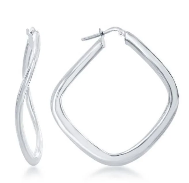 Gemstone and Diamond Drop Earrings for Opulence -Sterling Silver Twisted Diamond Shape Hoop Earrings