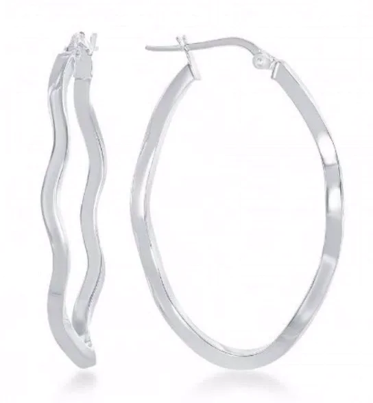 Detachable Drop Earrings with Charms -Sterling Silver Wavy Design Oval Hoop Earrings