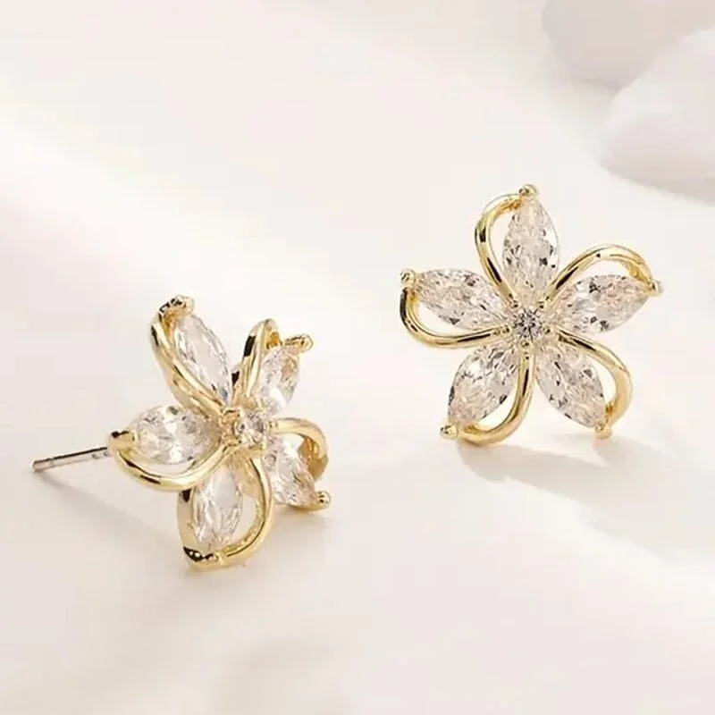 Drop Earrings with Embossed Patterns -Stylish Zirconia Petal Flower Stud Earrings