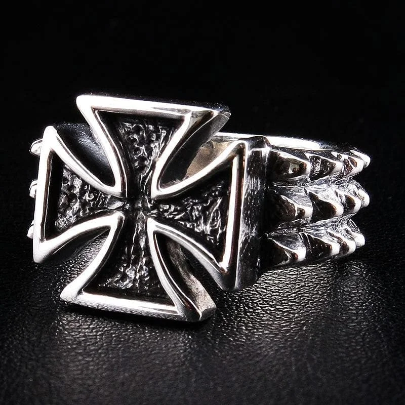 Thorn Iron Cross Sterling Silver Biker Ring