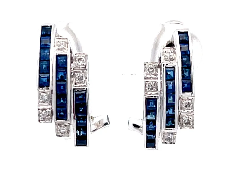 Leverback Drop Earrings for Comfort -Three Row Sapphire and Diamond Huggie Earrings in 18k White Gold