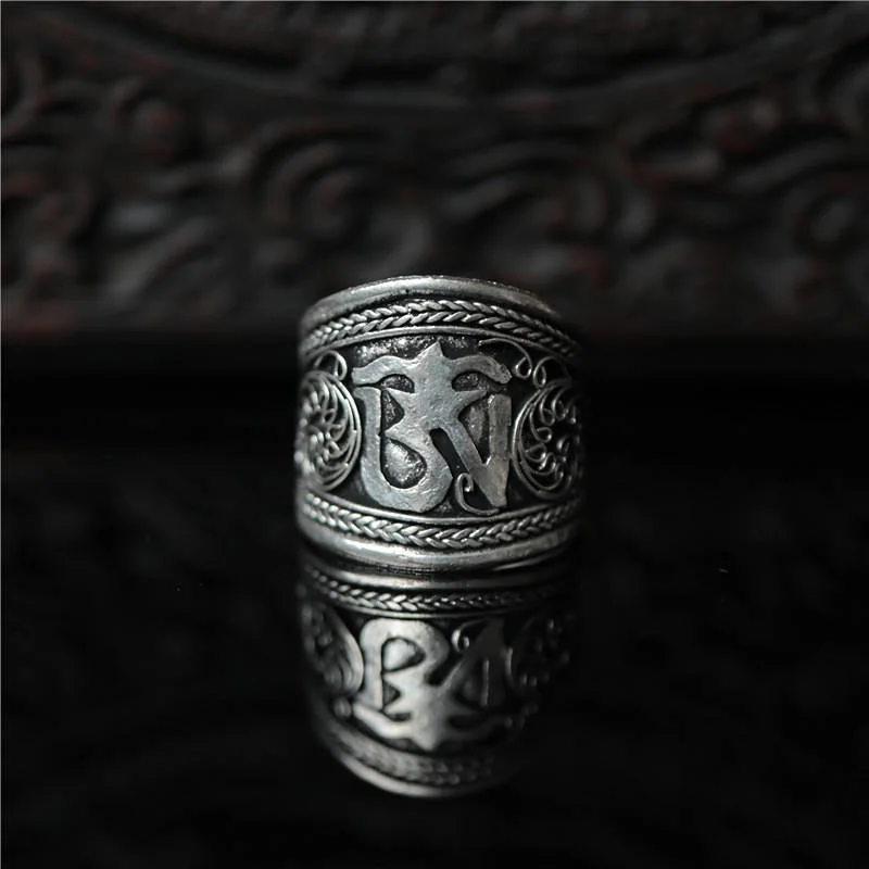 Tibetan Intricate Silk Flower Om Mantra Silver Ring