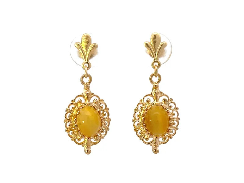 Drop Earrings with Embossed Patterns -Tigers Eye Dangly Drop 14k Solid Gold Earrings