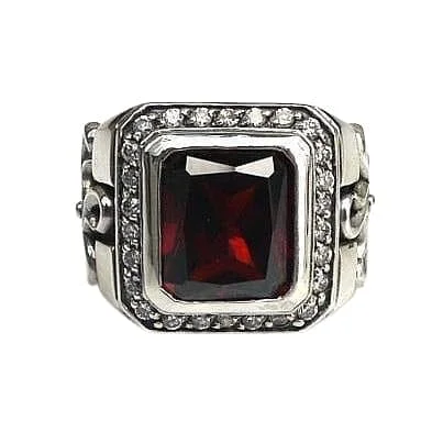 Tribal Cross Red Garnet Sterling Silver Men's Ring