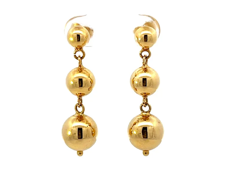 Clip On Drop Earrings for Non Pierced -Triple Round Bead Drop Dangly 18k Solid Gold Earrings